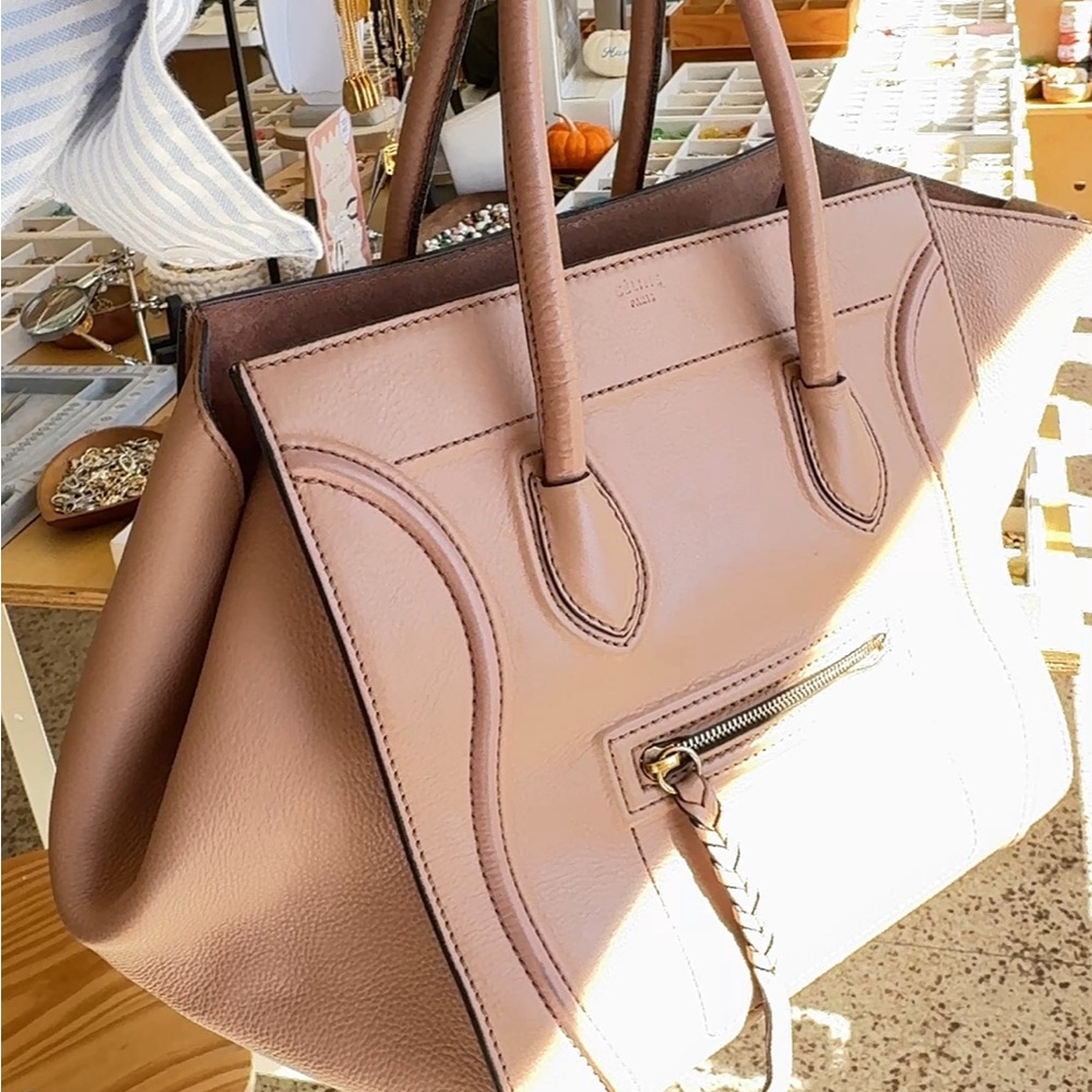 Celine Tan/Blush Leather Tote with Braided Zip Pull